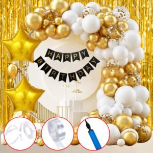 Party Midlinkerz Happy Birthday Decoration Kit with Gold & White Decoration- 58 Pcs, Golden Fringe Curtains, Birthday Backdrop for Decoration, Birthday Decoration Items, Birthday Decor