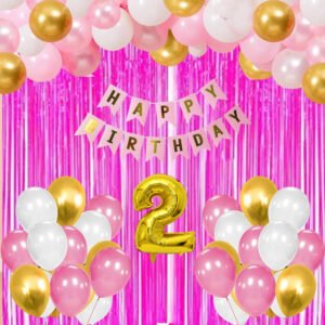 Party Midlinkerz Birthday Decorations (1 Happy Birthday Pink Banner, 2Pcs Pink Fringe Curtain, 2nd Number Golden Foil Balloons and 36Pcs Golden, Pink & White Metallic Balloons)