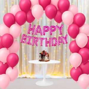 Party Midlinkerz BIRTHDAY PARTY DECORATIONS FOR GIRLS OR WOMEN: The pack includes 1pc pink happy birthday foil balloon, 25pcs dark pink metallic, 25pcs light pink metallic, 1pc ribbon, 1pc glue dots and 1pc led light for birthday decoration party celebration.