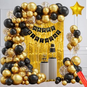 PARTY MIDLINKERZ Solid Golden Happy Birthday Decoration, 1st Birthday -68 Pcs for Birthday Celebration Balloon (Gold, Black, Pack of 68)