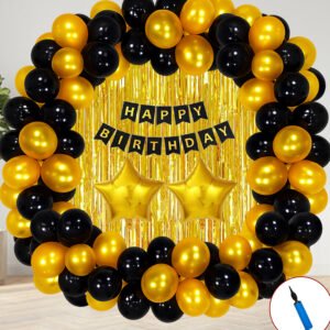 Party Midlinkerz Happy Birthday Decoration Kit - 37 Pcs Black and Gold Balloons for Birthday Decoration Kit for Husband, golden Foil Curtain, Black and Gold Banner