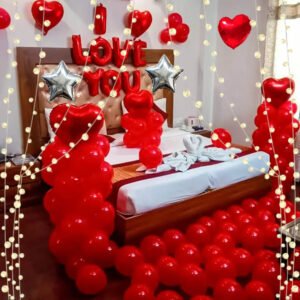 PARTY MIDLINKERZ I Love You and Heart Shape Balloons Decoration Kit with LED Lights - 53 Items Combo - for Happy Wedding Anniversary Romantic Surprise Party Decoration at Home or Bedroom