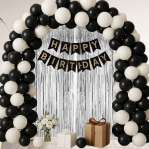 Party Midlinkerz black & white theme birthday decoration items, balloons for decoration, foil curtains for birthday decoration, birthday decoration kit