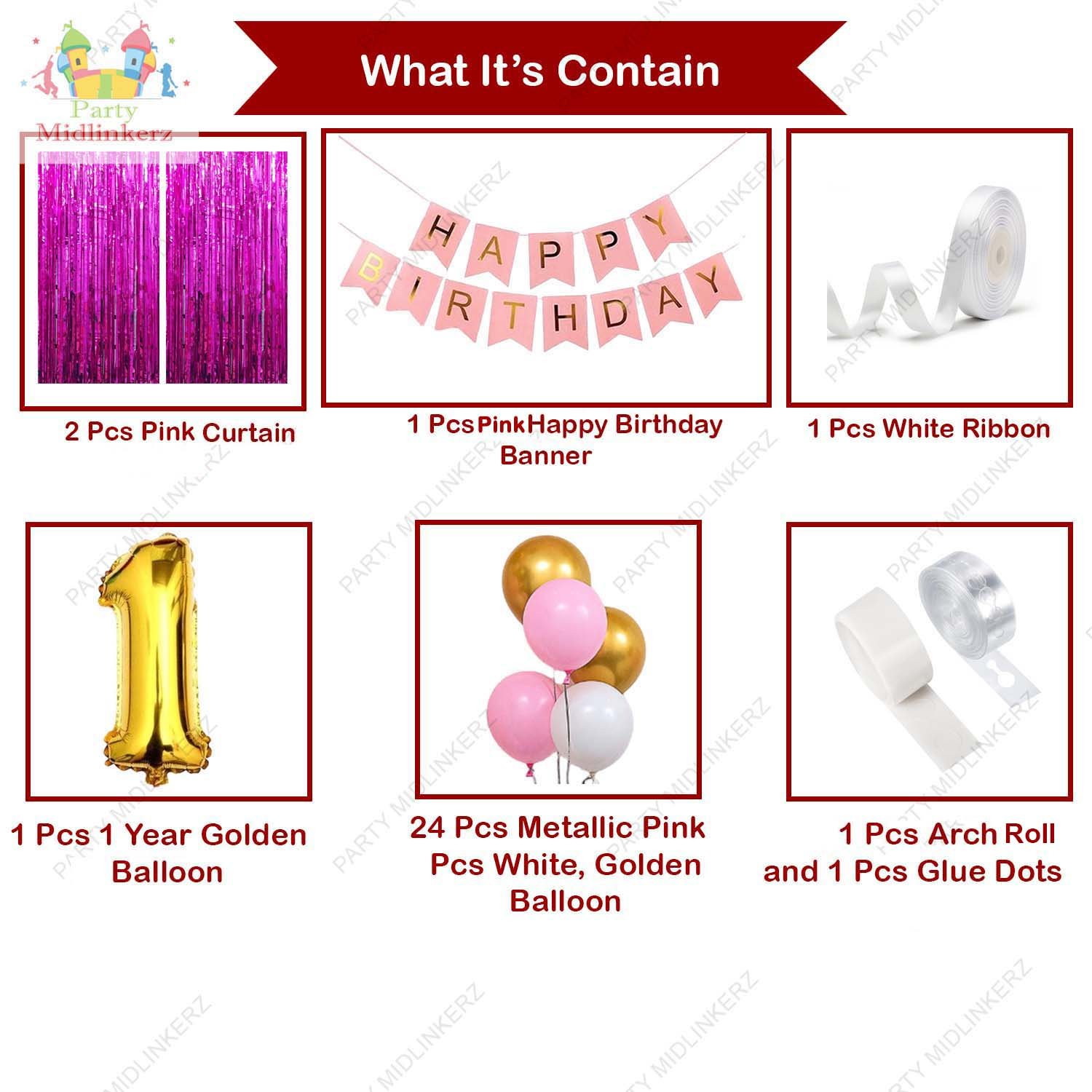 Party Midlinkerz Happy Birthday Decoration Items Kit with 1St Birthday Paper 2 Pink Foil Curtain 1 Foil Balloon+24 Pcs Balloon & Birthday Banner - Image 2
