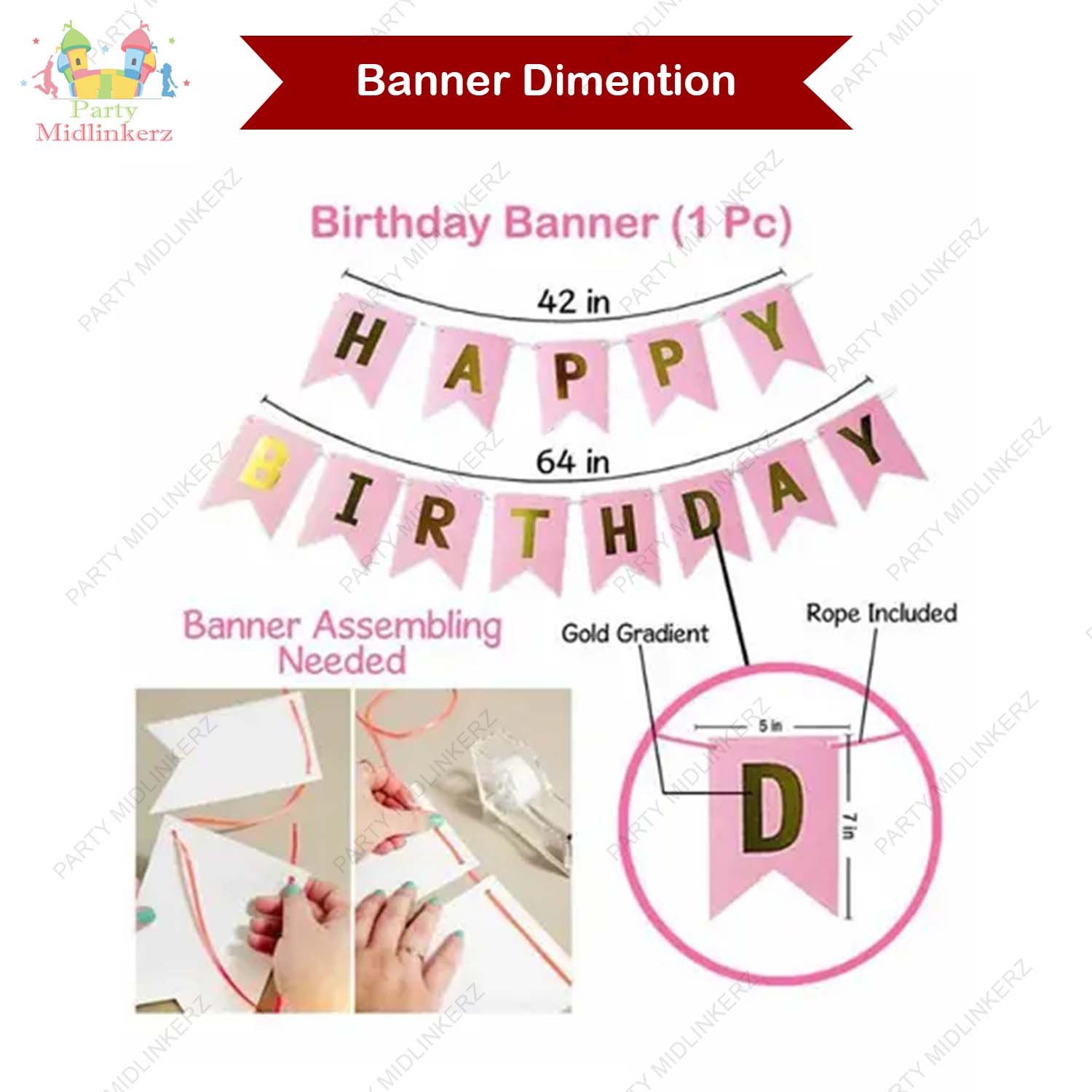 Party Midlinkerz Happy Birthday Decoration Items Kit with 1St Birthday Paper 2 Pink Foil Curtain 1 Foil Balloon+24 Pcs Balloon & Birthday Banner - Image 4